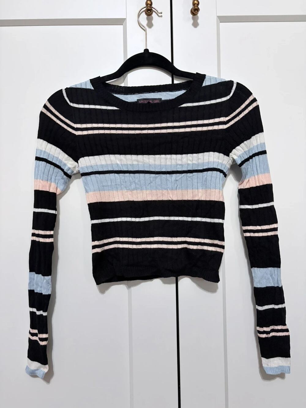 Material Girl Black & Pastel Striped Long Sleeve Crop Top Size S